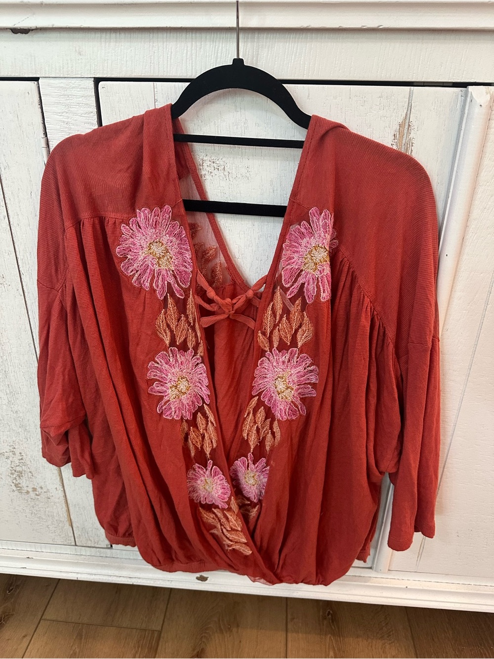 Free People Rust Embroidered V-Neck Floral Blouse